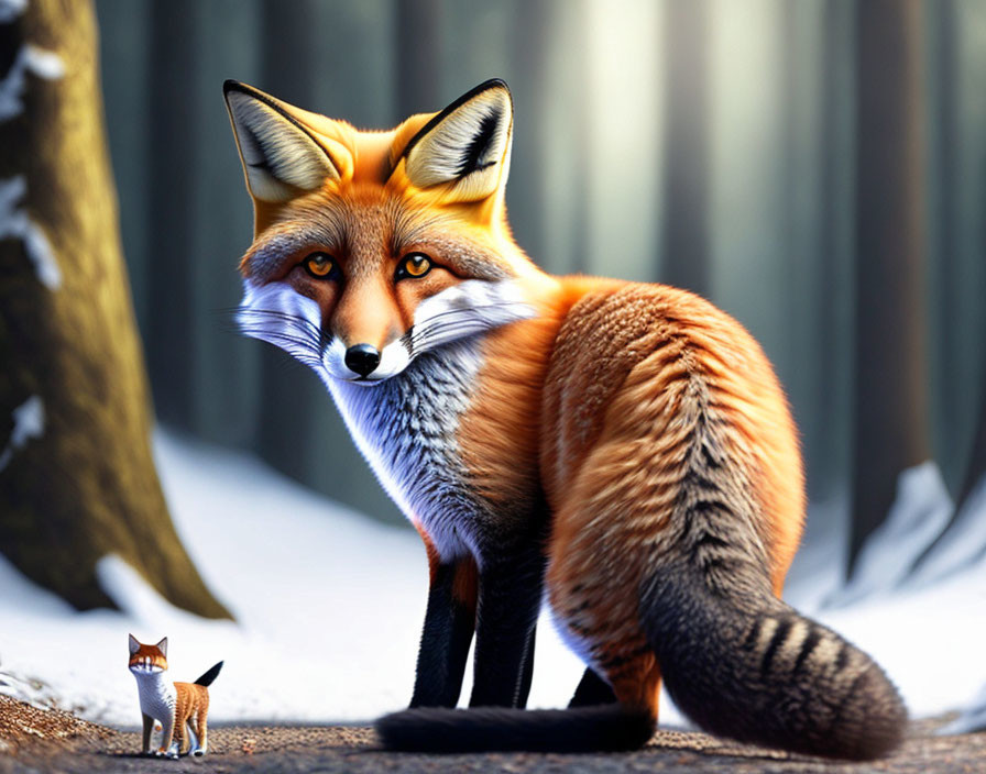 Realistic red fox and cartoon fox in forest illustration