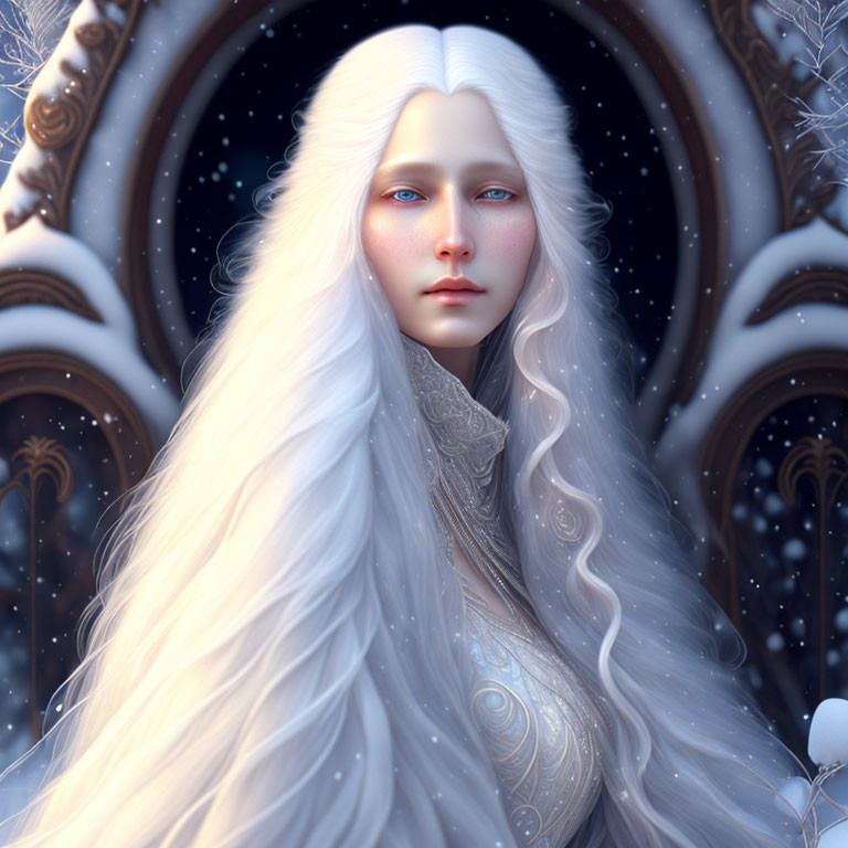 Long white hair and blue-eyed figure in ornate snowflake-like setting