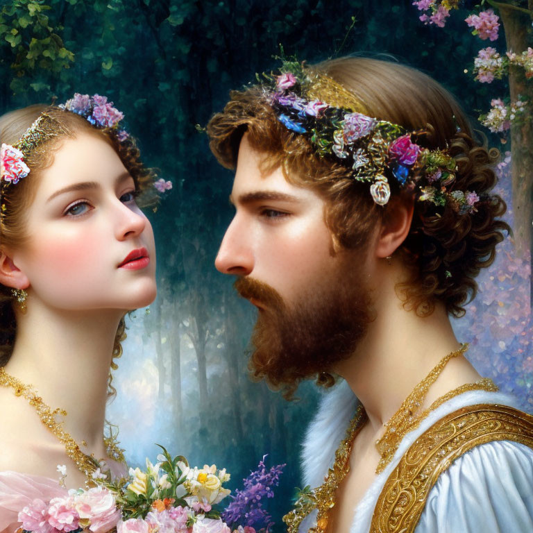 Romantic Couple with Flower Crowns in Forest Setting