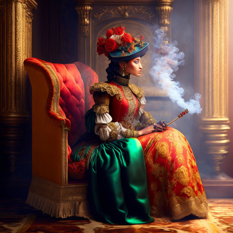 Regal woman in vintage costume smoking pipe on ornate chair