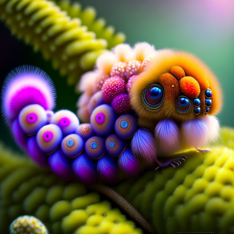 Colorful surreal illustration of caterpillar-like creature with ornamental eye patterns