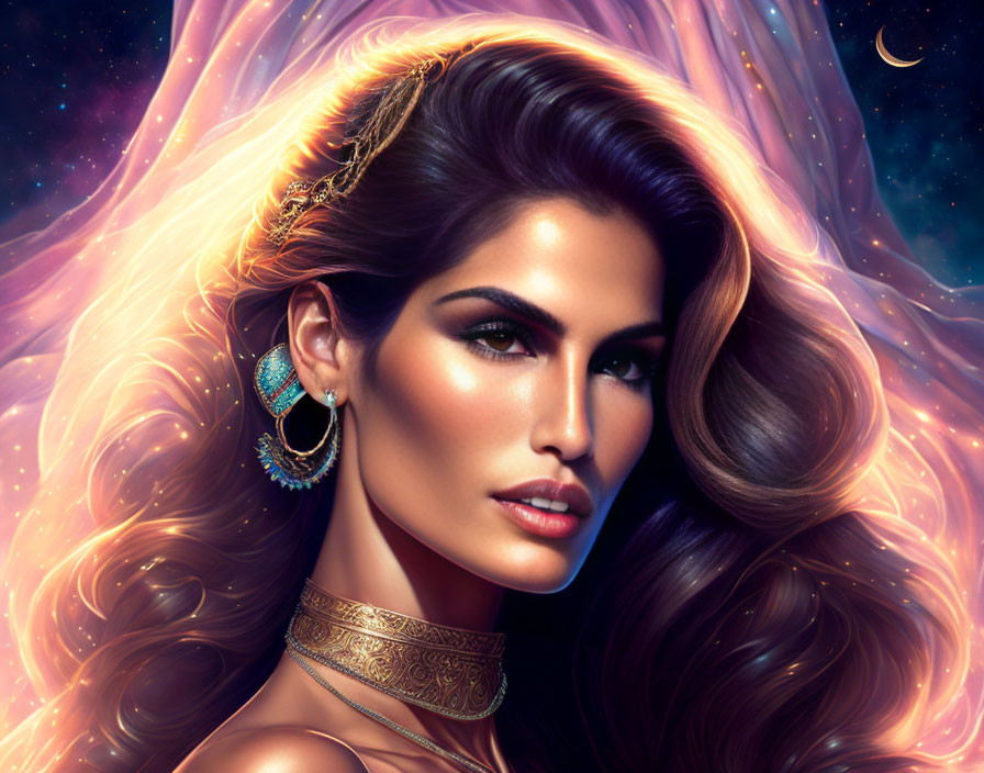 Voluminous-haired woman with cosmic backdrop and ornate jewelry