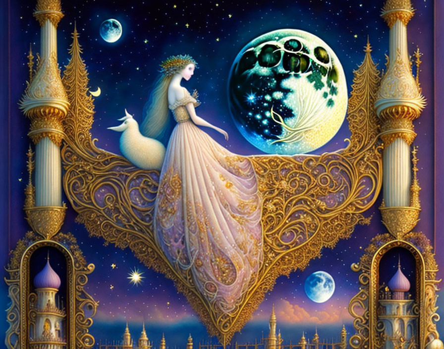 Woman in gold gown with white peacock on balcony under star-filled sky