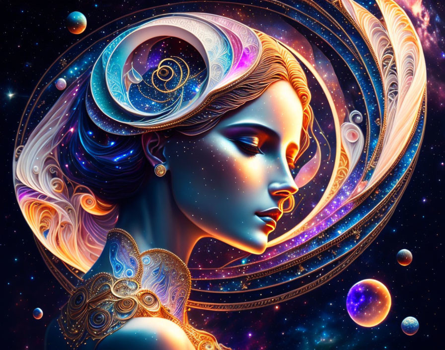 Colorful cosmic woman profile with swirling galaxies and celestial bodies.