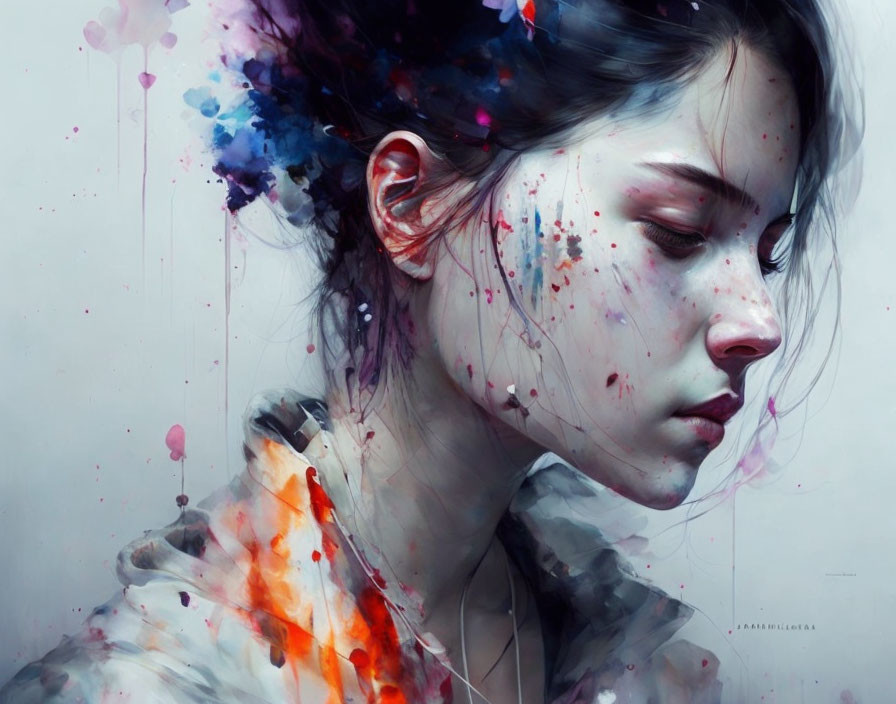 Colorful portrait of a woman with paint splashes blending realism and abstract elements