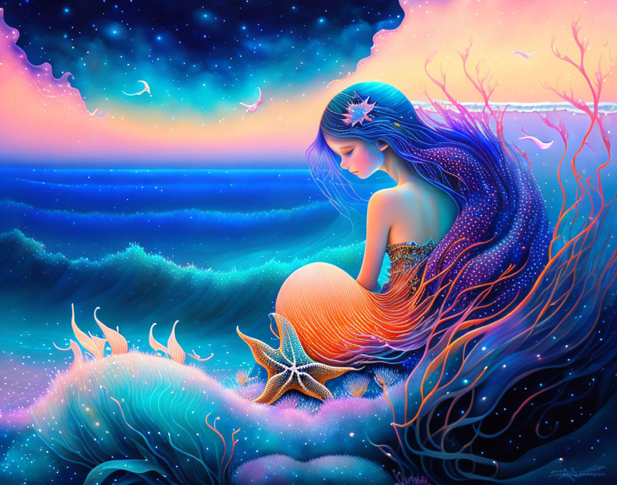 Mermaid illustration with flowing hair on rock, surrounded by starfish and coral in twilight sky.