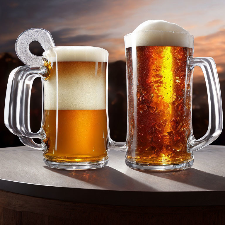 Frosty Beer Mugs with Foam on Wooden Surface