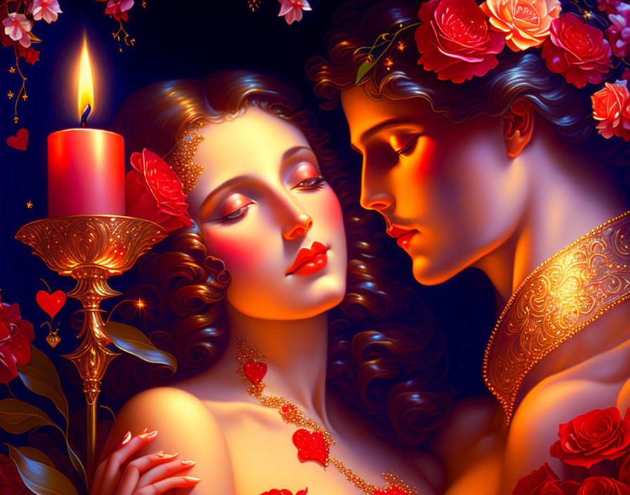 Romantic couple surrounded by roses and candlelight in warm ambiance