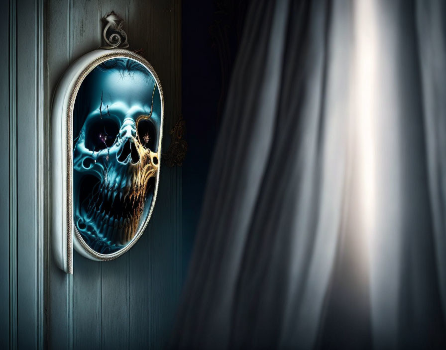 Blue Luminous Skull Reflection in Oval Mirror on Dark Wooden Wall