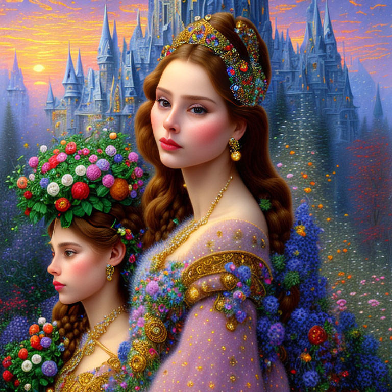 Digital artwork: Two women with floral headpieces in fantasy castle sunset.