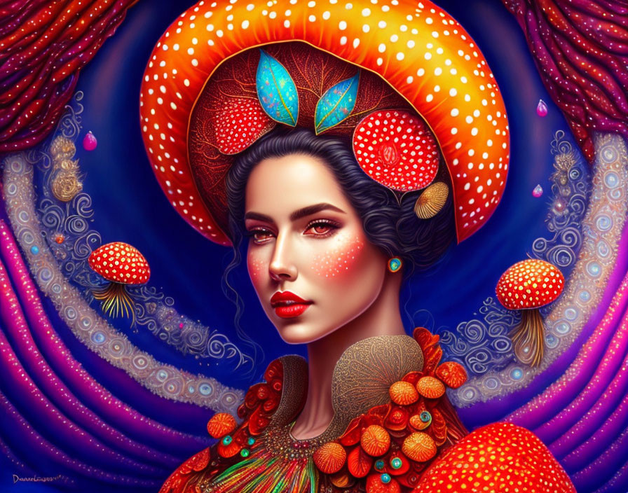 Stylized portrait of woman with mushroom headdress in vivid colors