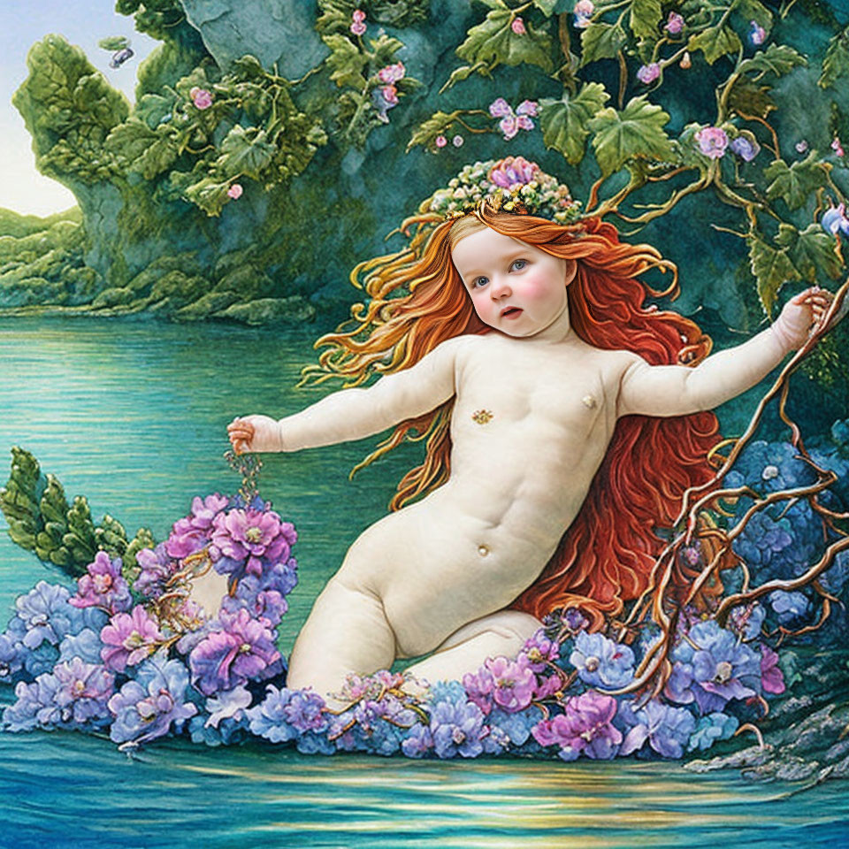 Child Mermaid with Red Hair in Aquatic Floral Scene