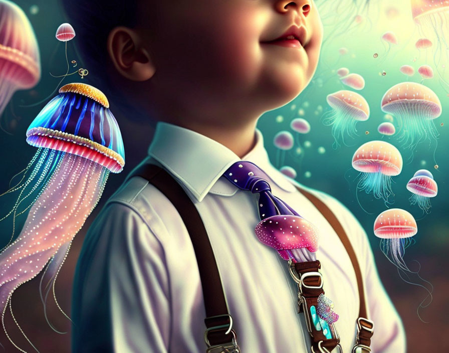 Young boy in shirt and tie surrounded by glowing jellyfish balloons