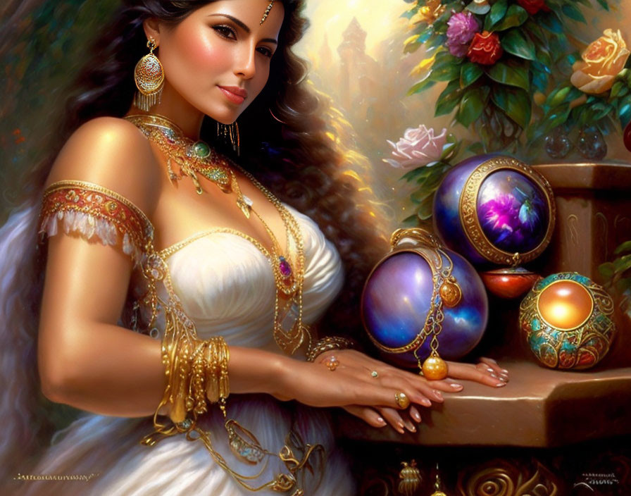 Illustrated woman in elegant attire with gold jewelry among vibrant flowers and orbs