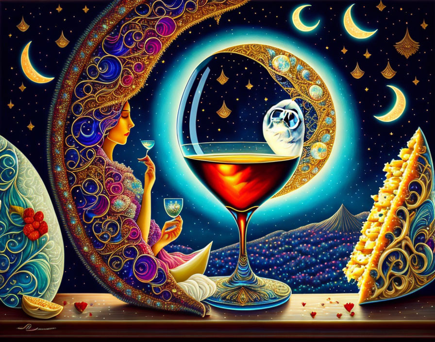 Colorful artwork of woman with wine glass in surreal cosmic landscape