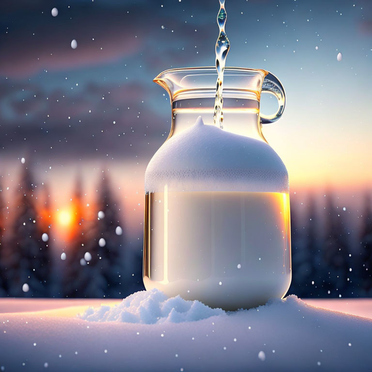 Glass pitcher with milk pouring in, snowy landscape and sunrise/sunset in background