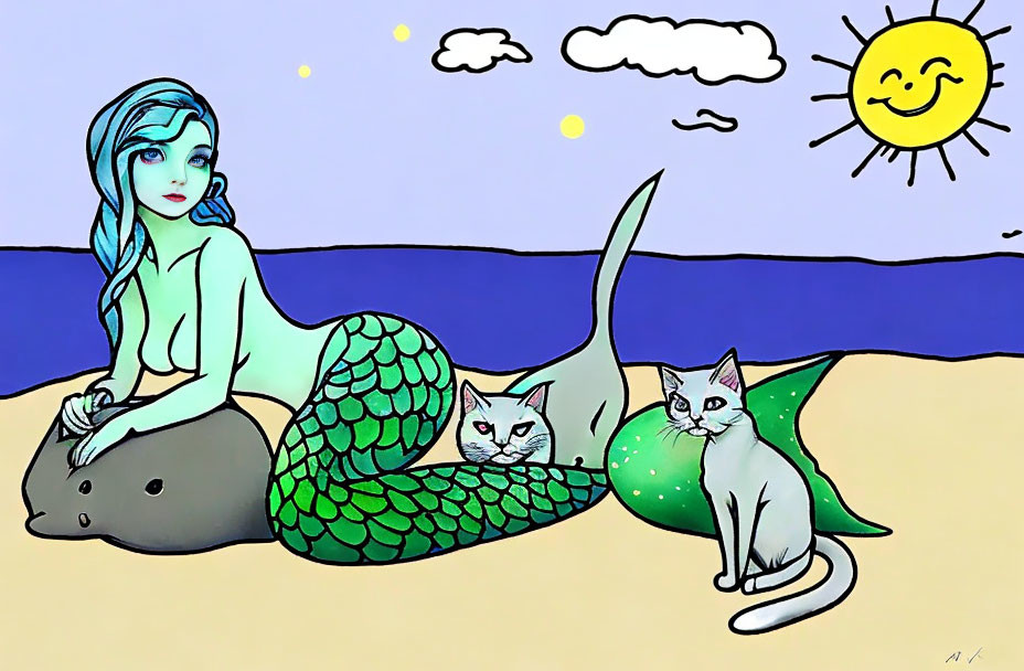 Blue-haired mermaid with cats on rock by sunny sea