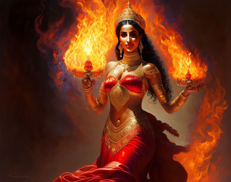 Illustration of Woman with Four Arms in Red and Gold Attire with Flames on Fiery Background