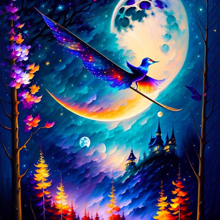 Vibrant moon and colorful bird in starry night sky