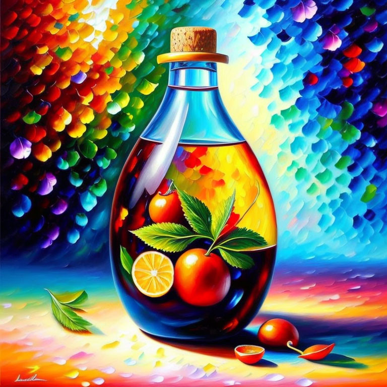 Colorful painting of bottle, fruits, and leaves against vibrant mosaic backdrop