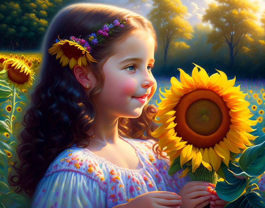 Smiling girl with flowers in hair holding sunflower in sunlit field