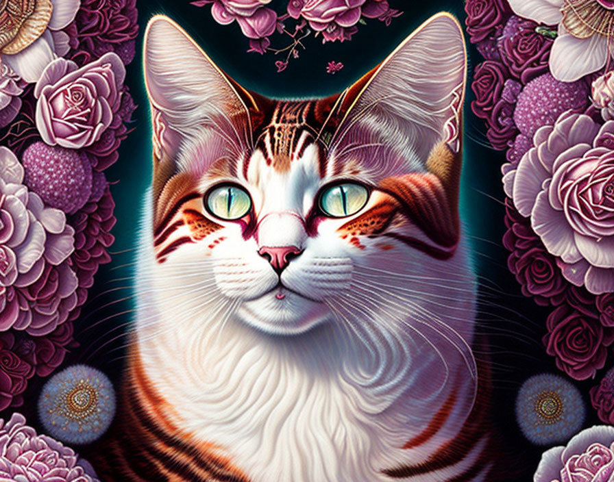 Colorful Cat Illustration with Roses and Geometric Patterns