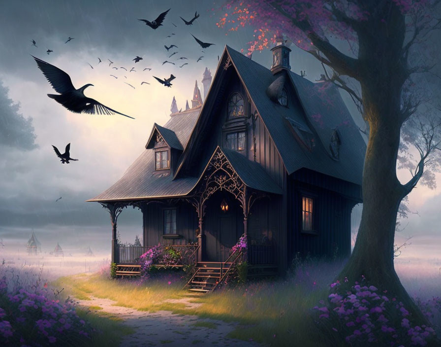 Gothic Cottage with Purple Flowers, Birds, and Mist