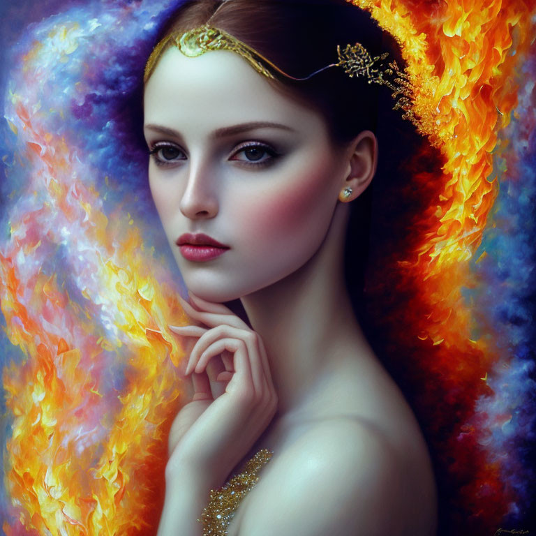 Serene woman portrait with golden headpiece in vibrant fiery nebula