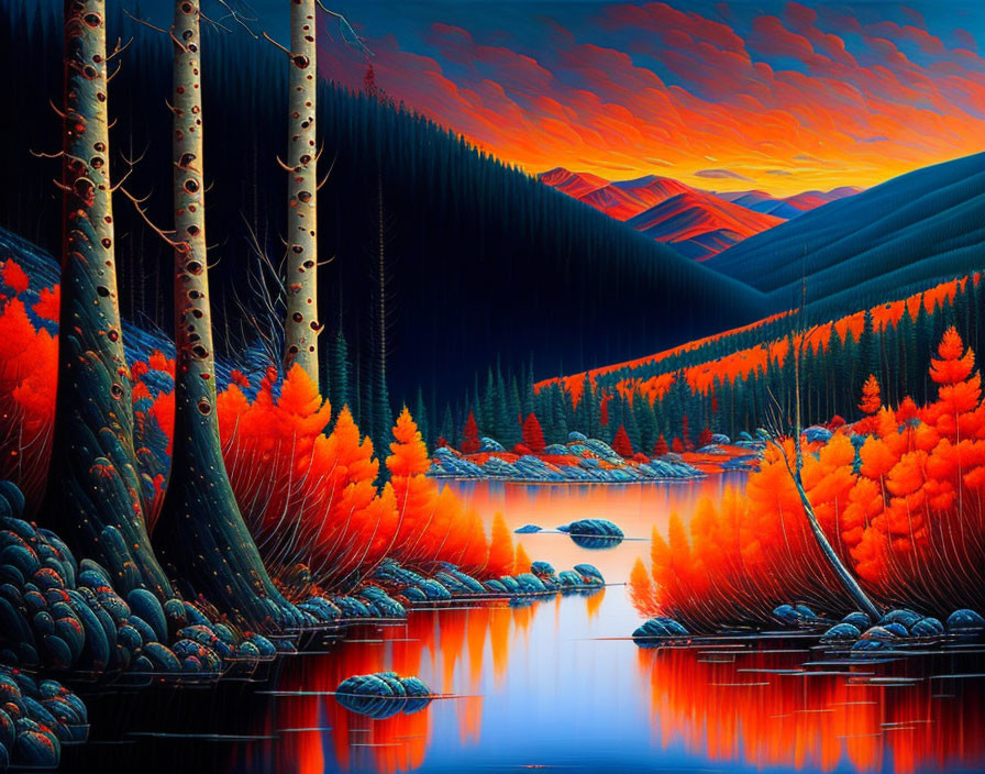 Colorful landscape with red-orange foliage, blue water, tall trees, and warm sunset gradient