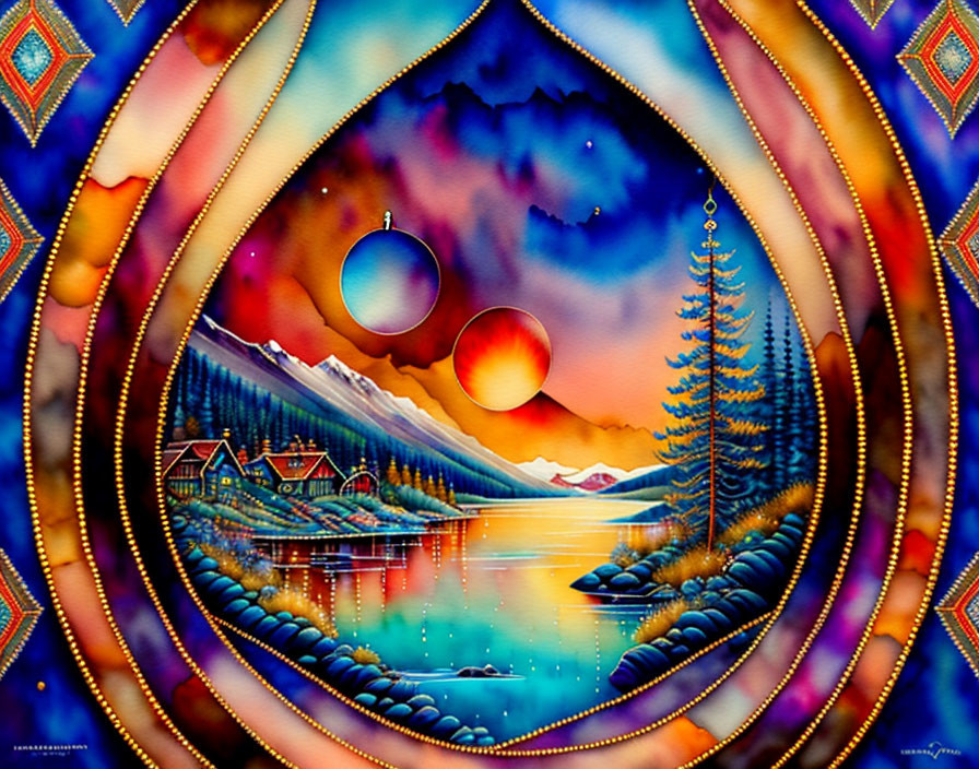 Colorful Psychedelic Mountain Landscape with Lake and Celestial Bodies