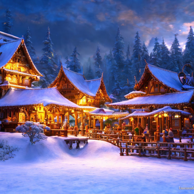 Winter Village Scene: Snowy Wooden Buildings & Festive Decorations at Twilight