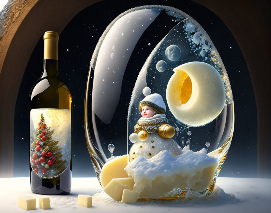 Whimsical snowy scene with wine, moons, bubbles, cheese, & winter figurine