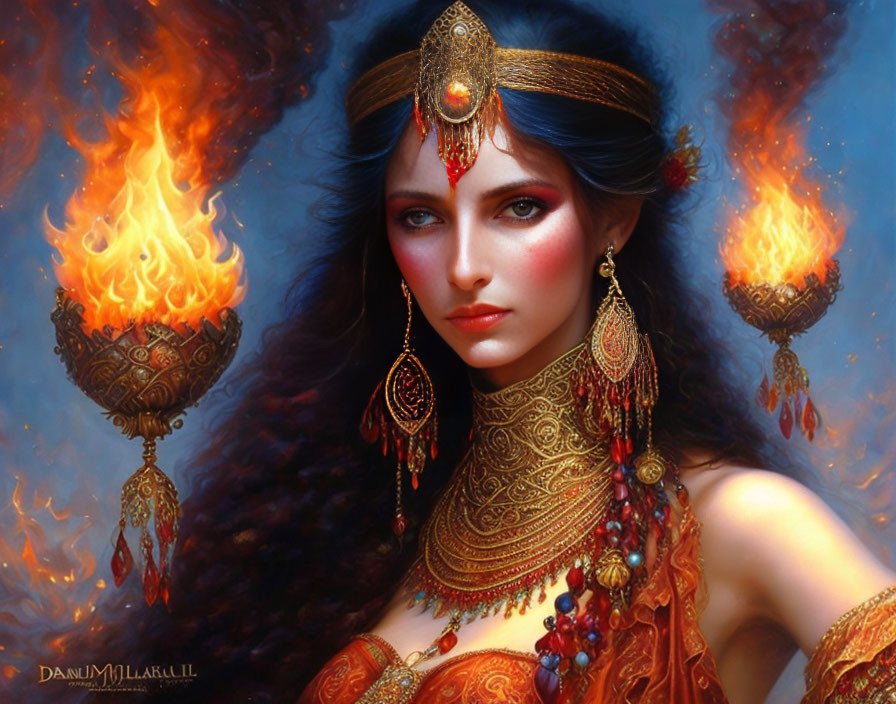 Fantasy artwork of woman with blue eyes and gold jewelry in mystical setting