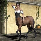 Centaur with female upper body in vibrant garden setting