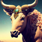 Ornate digital illustration of a bull with golden embellishments and jewelry under starry sky