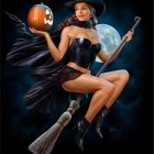 Fantasy illustration of witch with long hair, blue outfit, spear, broomstick, full moon