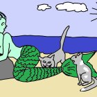 Blue-haired mermaid with cats on rock by sunny sea