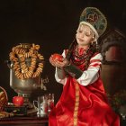 Traditional Russian Attire Woman with Samovar and Bagels in Vintage Setting