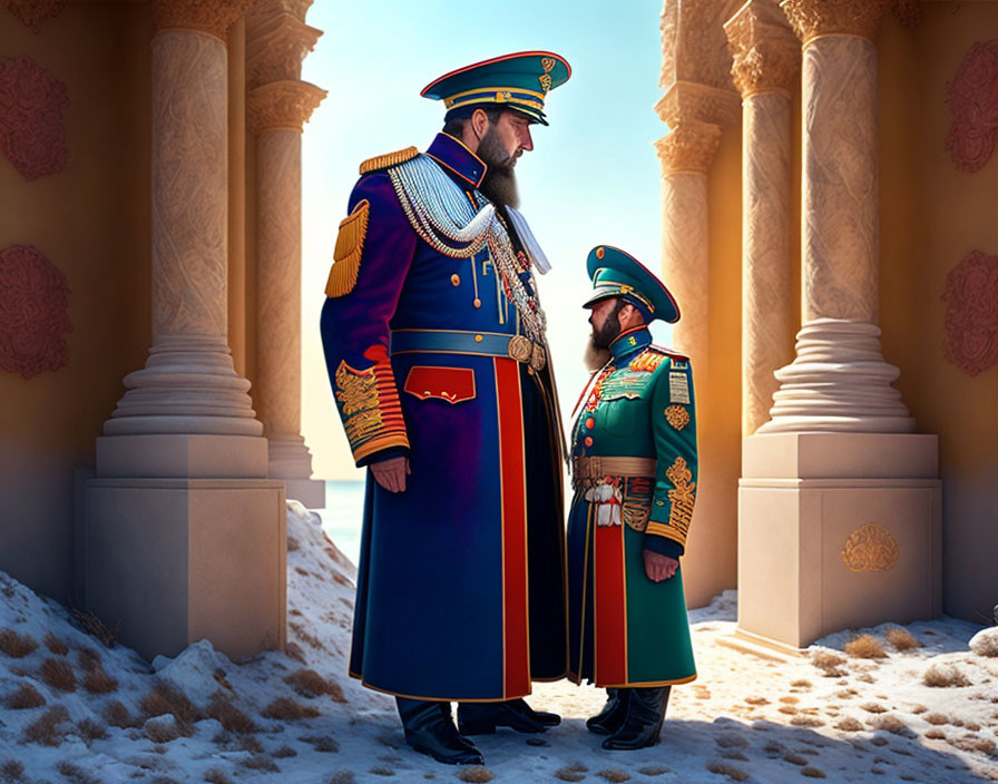 Military individuals in ornate uniforms by classical columns in snowy landscape