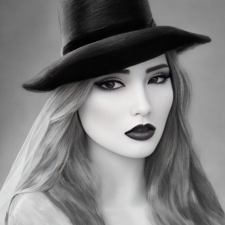 Monochrome portrait of a woman with bold makeup and wide-brimmed hat