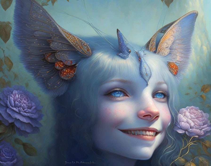 Whimsical digital artwork: Girl with butterfly wings ears, surrounded by purple roses