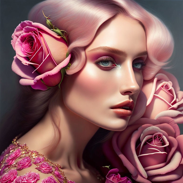 Digital Artwork: Woman with Pink Hair and Rose Adornments