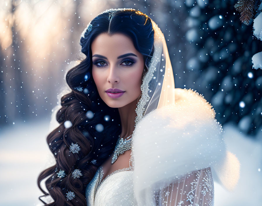 Bride with wavy hairstyle and veil in snowy setting with snowflakes