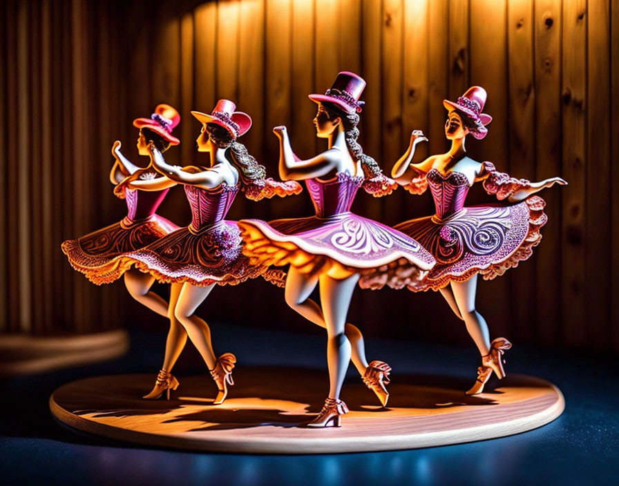 Figurines of female dancers in pink and purple dresses on wooden stage