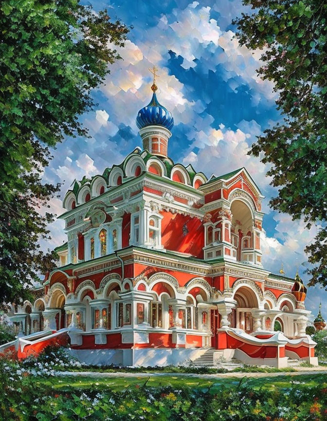 Ornate red building with blue domes in lush green landscape