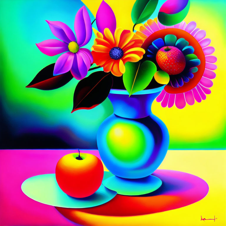 Colorful Still Life Painting with Flowers, Fruit, and Vase