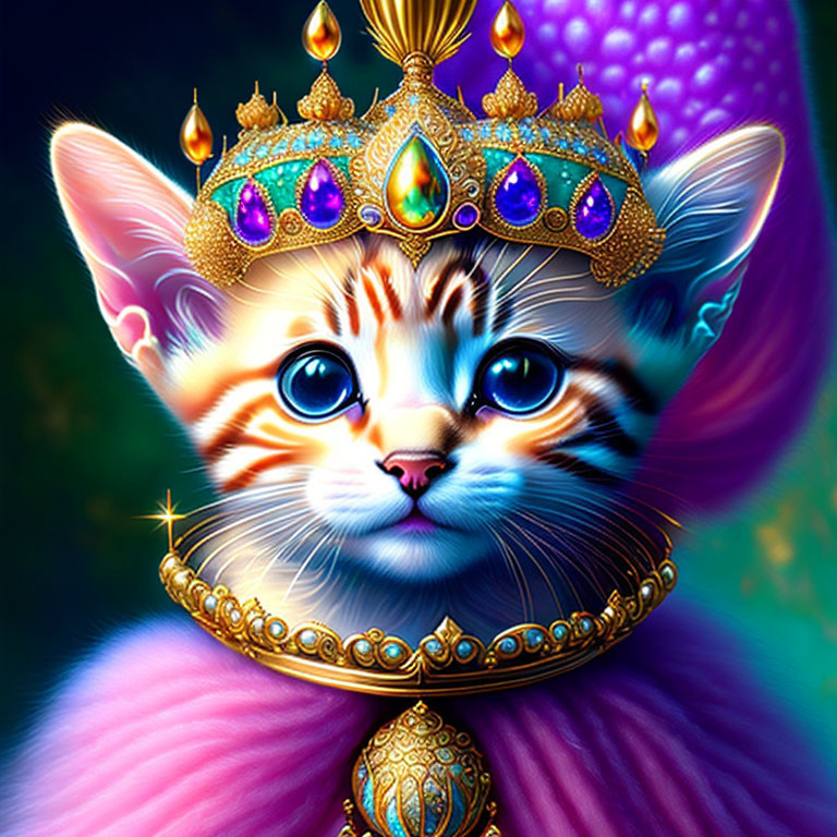 Colorful digital artwork: Kitten with regal crown and scepter in vibrant blues, purp