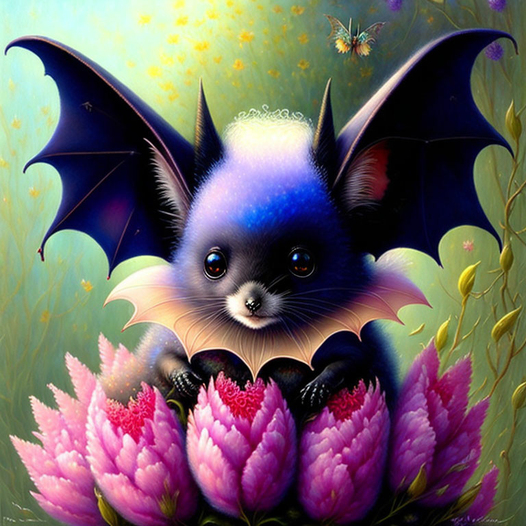 Adorable fantasy bat with large eyes and blue fur on pink flowers