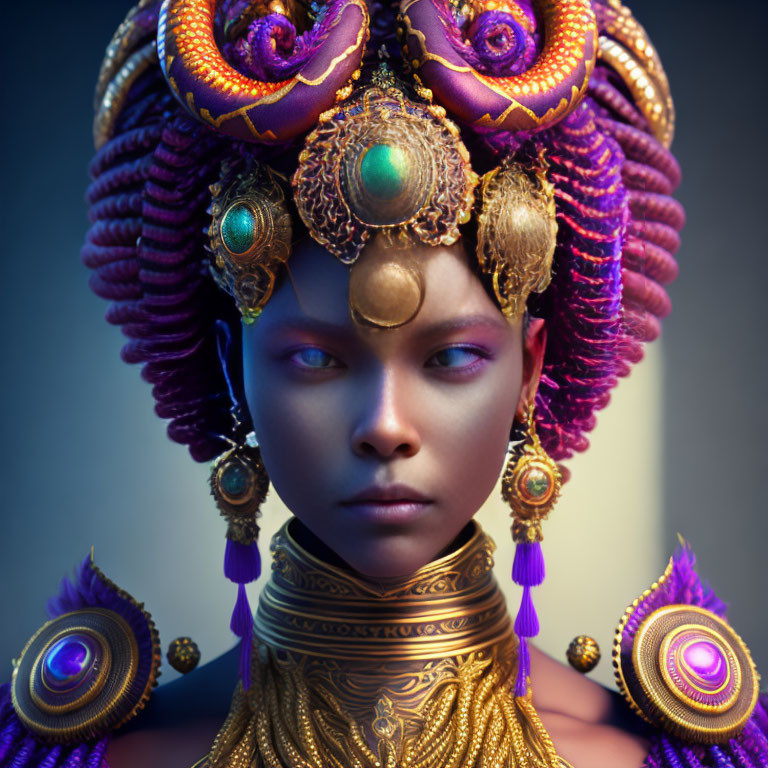 Elaborate headdress with gold ornaments and purple feathers on a person with golden jewelry and serious expression