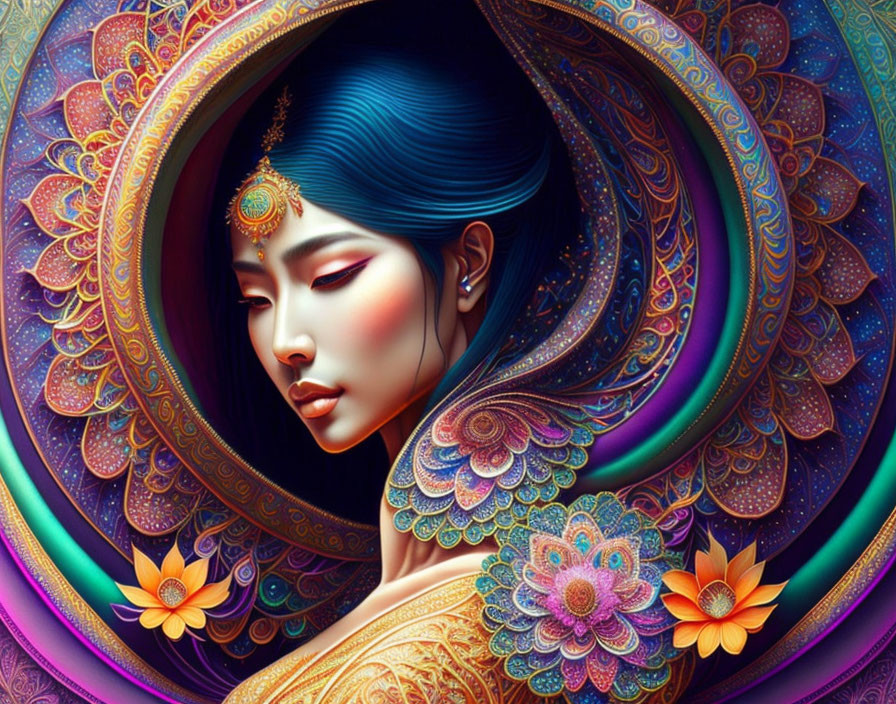 Colorful digital artwork of a woman with blue hair and intricate mandala patterns.